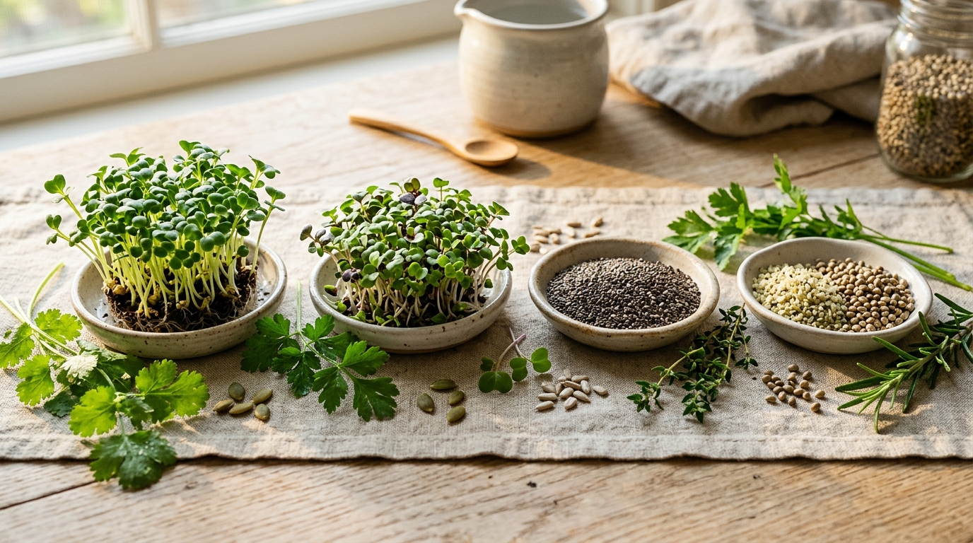 Botanical wellness and sprouting seeds on wooden table